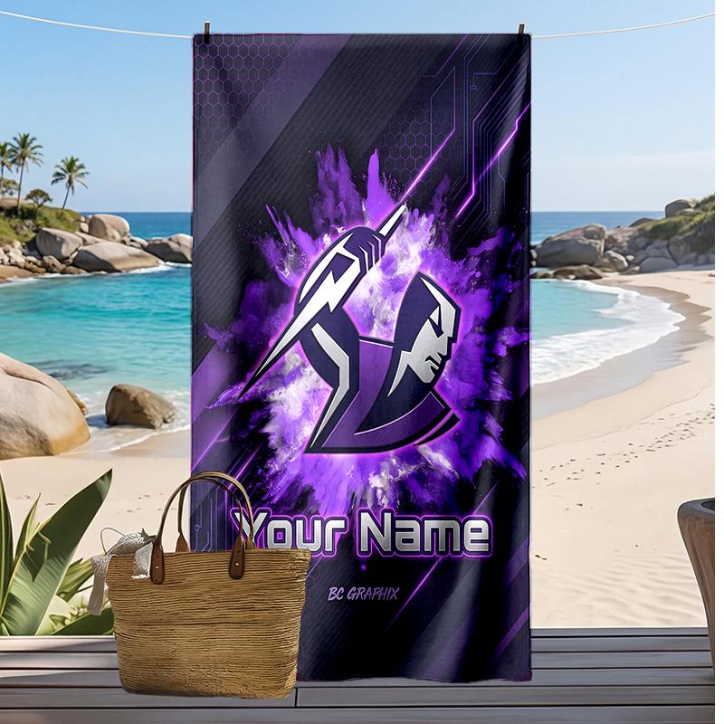 Melbourne Storm Custom Beach Towel, Print Your Name Text Lightweight Absorbent Towel for Swimming Travel