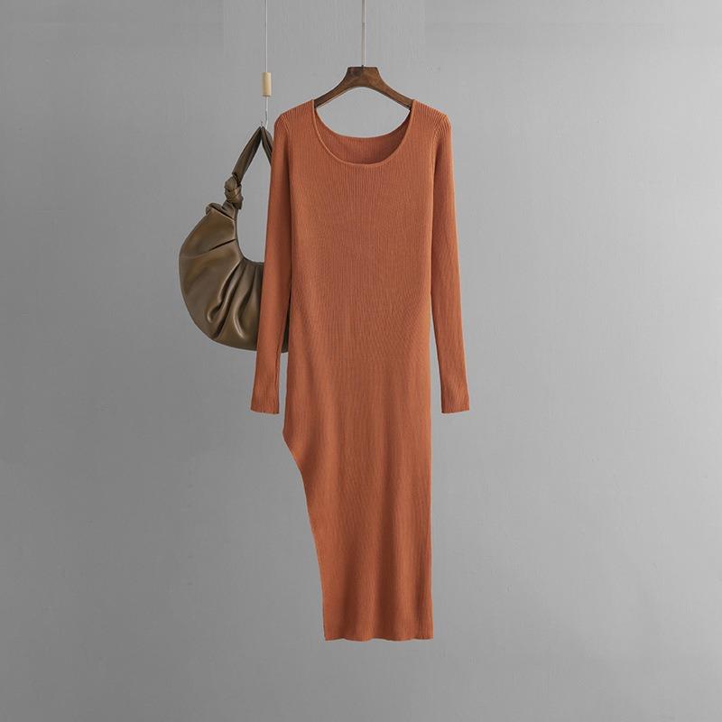 Knitted dress autumn new solid color slim slit long tight bottom hip skirt