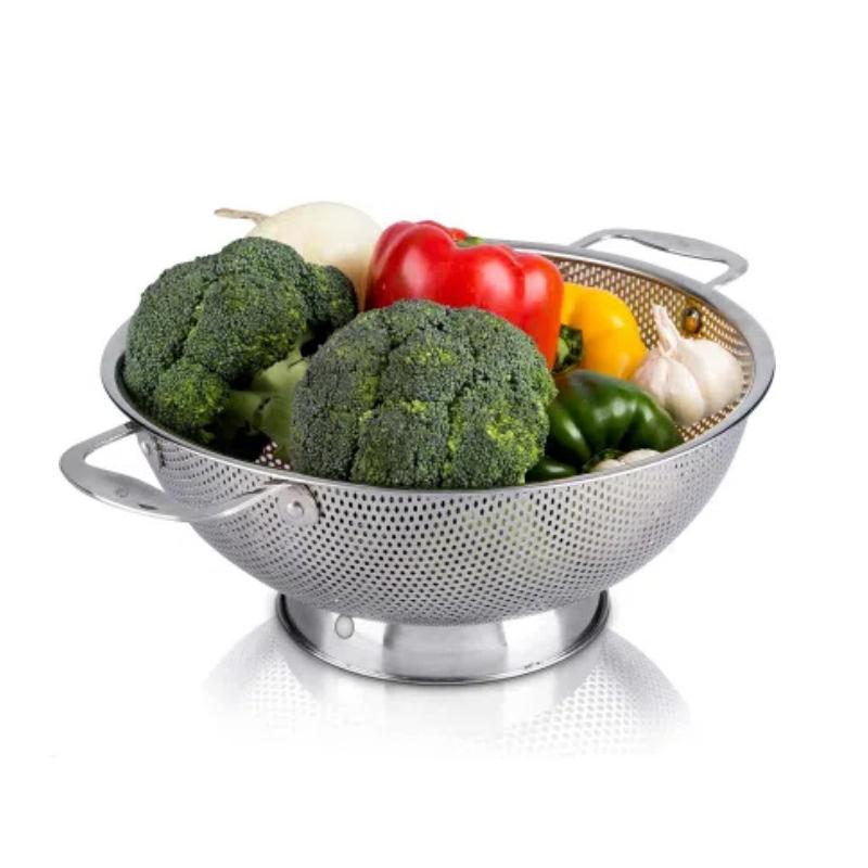 Stainless Steel Colander With Double Handle Food Pasta Strainer Basket With Self-Draining Solid Ring Base Fine Mesh Filter