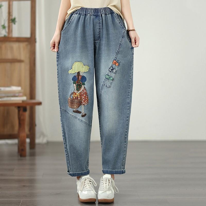 Taglie forti Vintage ricamo vita alta casual larghi Donna Primavera estate autunno jeans denim Pantaloni Harem
