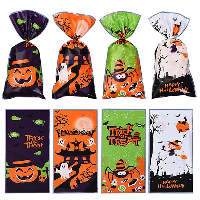50Pcs  Halloween Candy Bag Pumpkin Halloween Gift Bags Plastic Treat Packing Bags Halloween Party Decoration Supplies