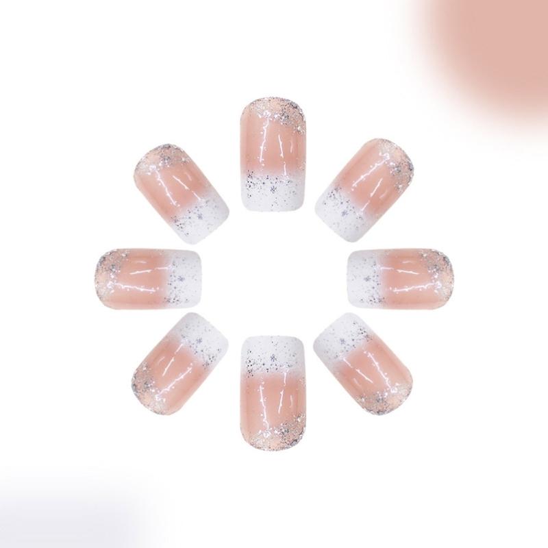 24x French Tip Press On Nail Medium Square Full Cover False Nail Glittering Stick On Nail Sparkling Artificial Nail