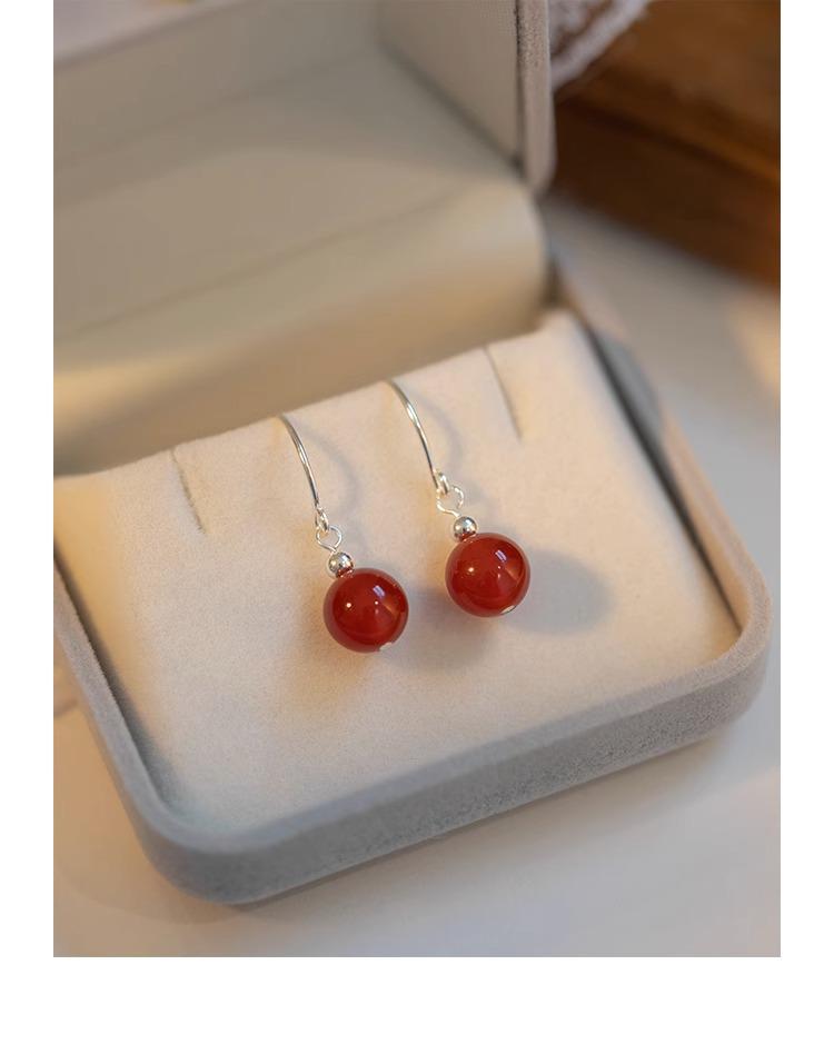 Hetian Jade and Red Agate Earrings - S925 Silver, Vintage High-End Design for Women, Autumn/Winter 2023