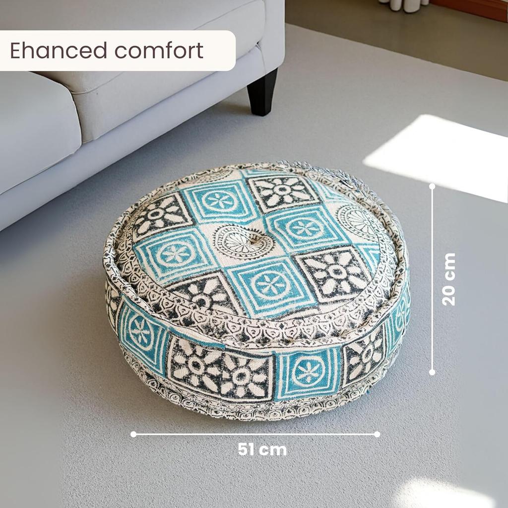 Teal Hand Block Print Round Floor Cushion | Size 51 cm x 51 cm x 20 cm