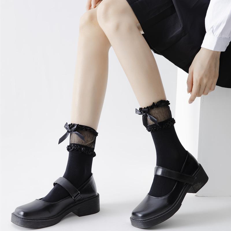 Lolita Lace Bow Calf Socks Velvet Women's Medium Tube Socks Knee Japanese Students Black and White Silk