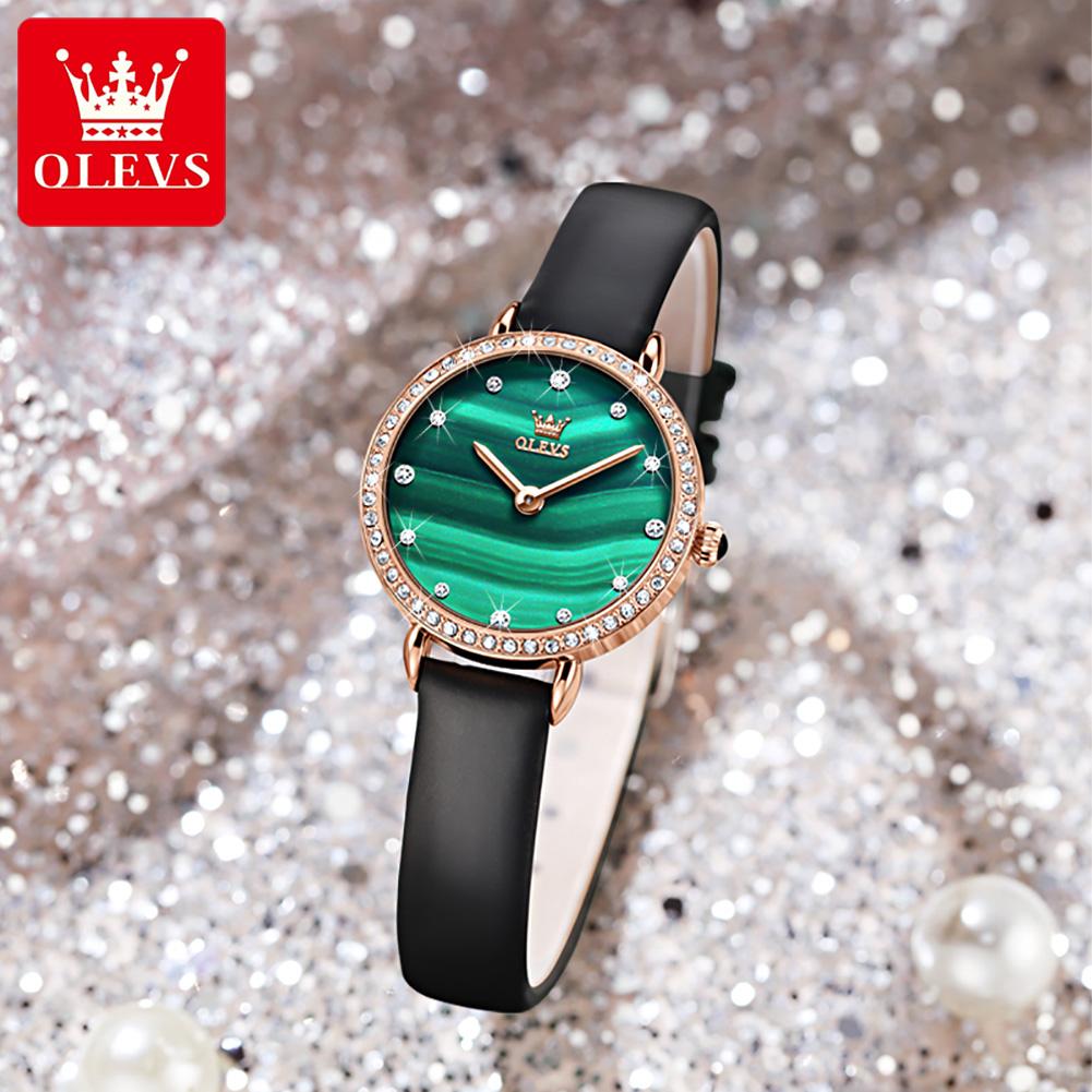 OLEVS 6628 Original Japan Quartz Watch for Women Retro Elegant Diamond Bezel Green Wristwatches Leather Strap Ladies Dress Watch
