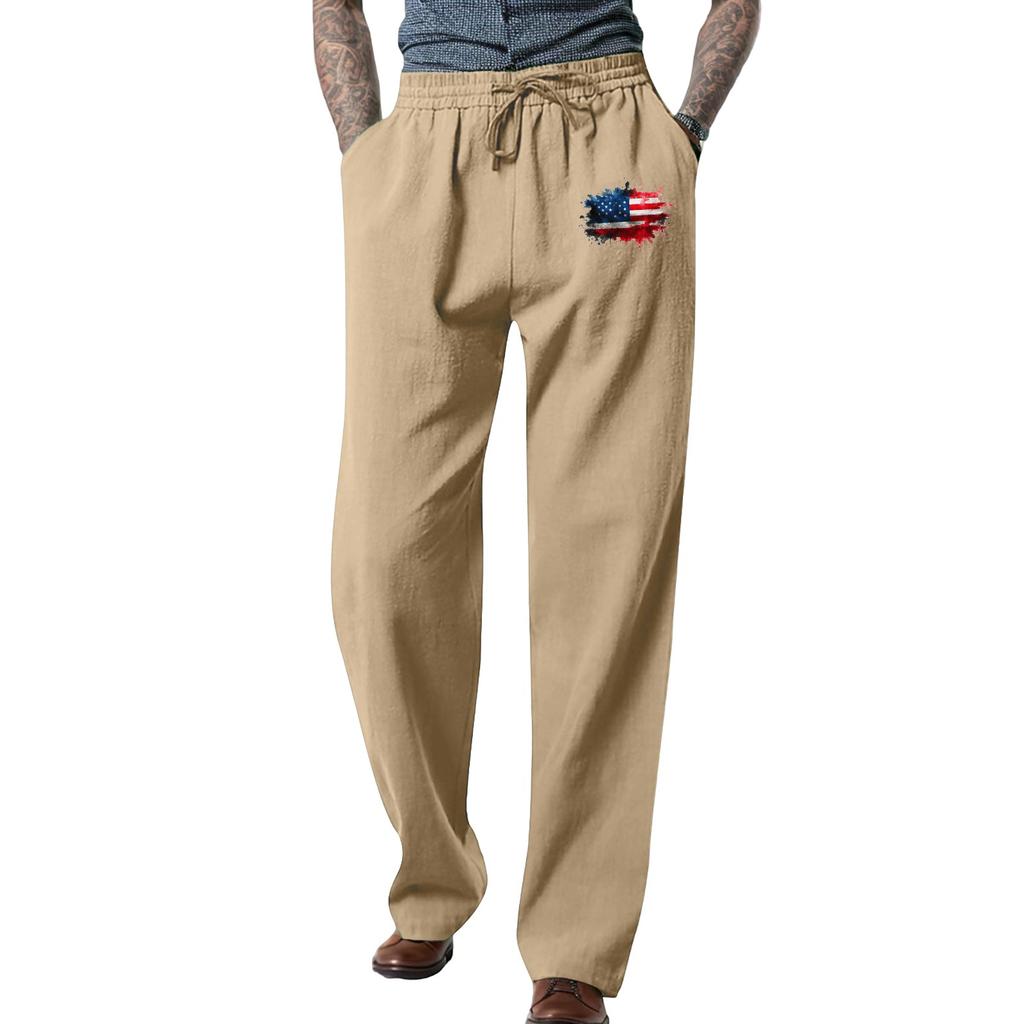 Men's Loose Casual Color Cotton Linen Trousers Elastic Tie Printed Straight Pants
