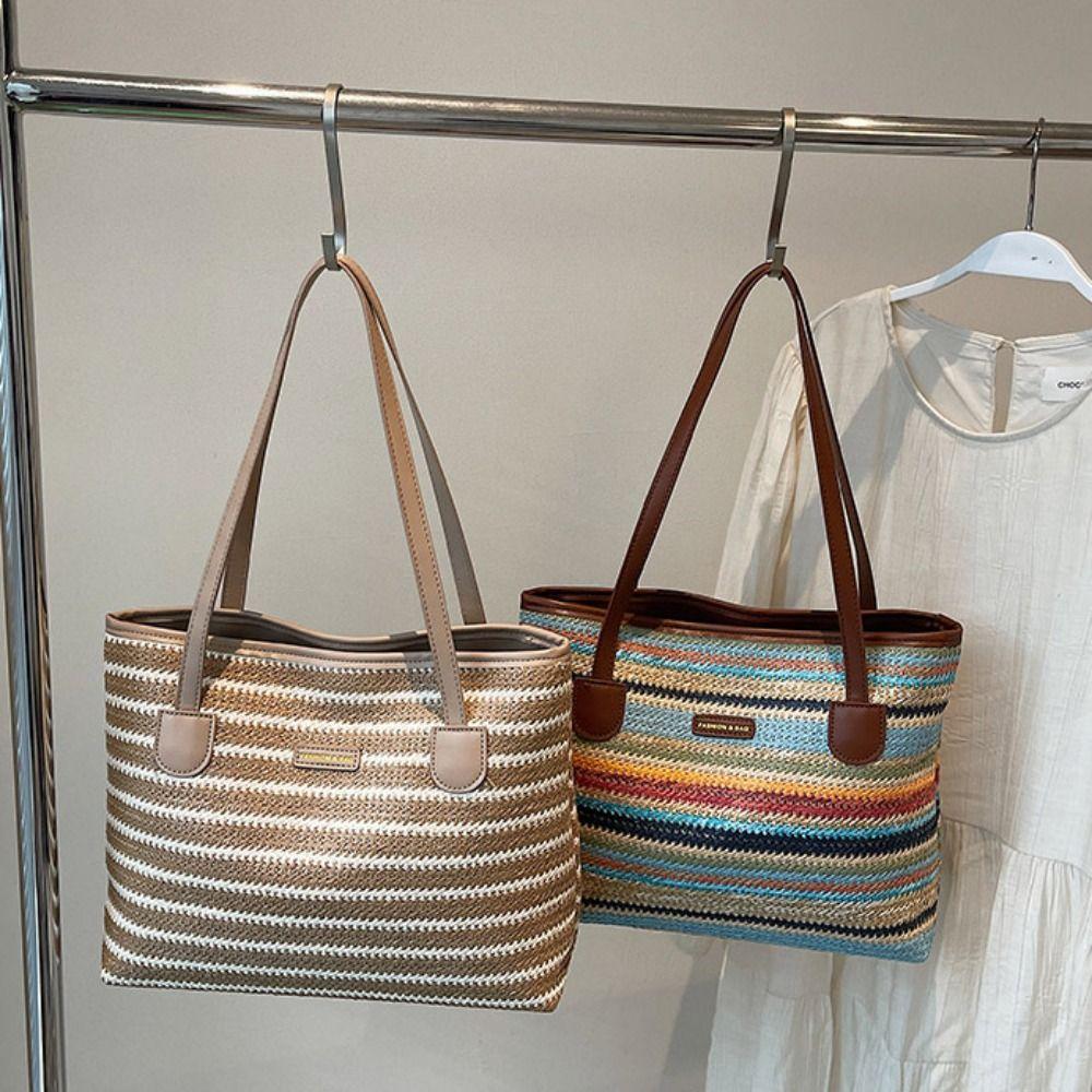 Beach Handbag Straw Woven Bag Parent Shoulder Bag Strip Shoulder Bag Bohemian Beach Bag  Streetwear