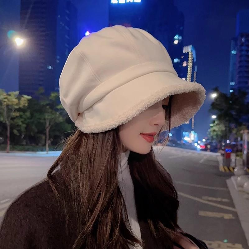 Women Winter Lamb FLeece Beret Hat Solid Color Plush Thicken Warm Octagonal Caps Lady Female Windproof Cowboy Caps Headgear