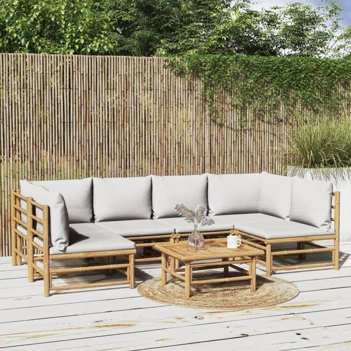 VidaXL Salon de jardin 7 pcs avec coussins gris clair bambou, ensemble de salon, ensemble de salon extérieur, 3155102