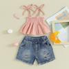Kids Girls Shorts Set, Tie-up Pleated Camisole with Ripped Denim Shorts Summer 2-piece Outfit