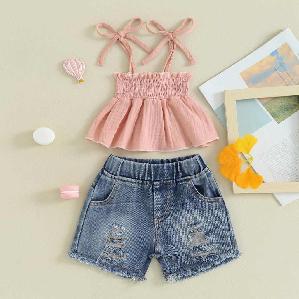 Kids Girls Shorts Set, Tie-up Pleated Camisole with Ripped Denim Shorts Summer 2-piece Outfit
