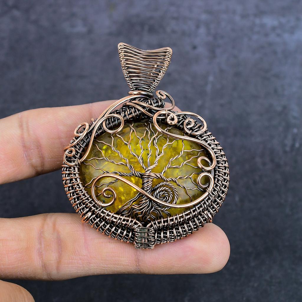 Bursztyn Bałtycki Ręcznie Robiony Miedziany Oplot Biżuteria Wisiorek 2,76" N5K55