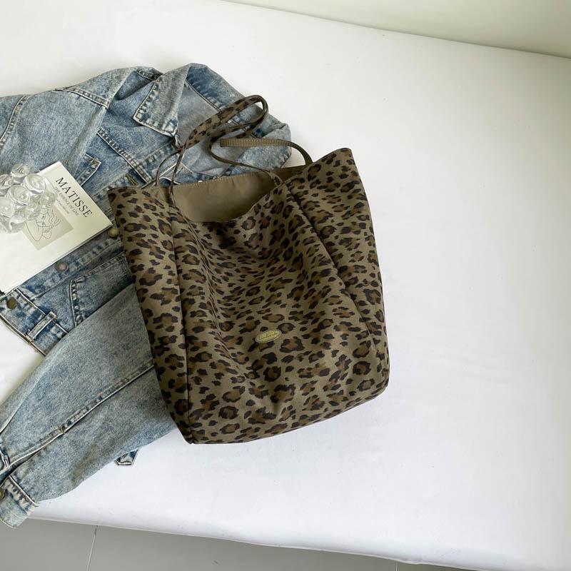 Leopard Print Canvas Bag Women's Autumn New Fashion College Style Tote Bag Casual Shoulder Large Capacity Cloth Bag