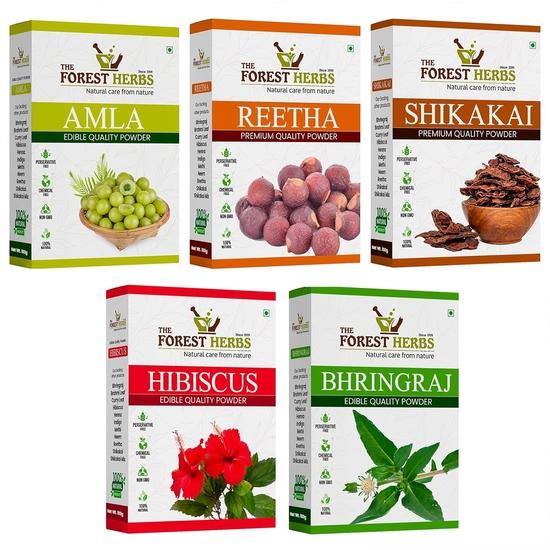 THE FOREST HERBS Přírodní péče z přírody Přírodní Organická Amla, Reetha, Shikakai, Bhringraj, Ibiškový prášek pro všechny typy vlasů, 100G každý, 5 kusů