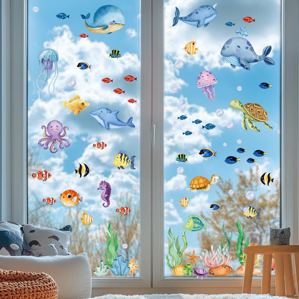 Ocean Theme Window Clings Watercolor Sea Animal Glass Stickers Under The Sea Party Window Decals for Home Office Party Decor