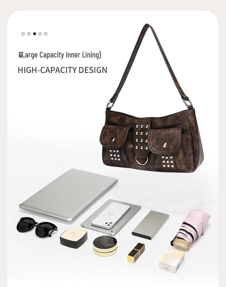 Retro Brown Studded Punk Shoulder Bag: Double Pocket Baguette for the Bold and Stylish