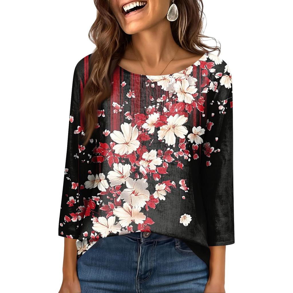 Women's Fashionable Casual Round Neck  3/4 Sleeve  Printed T-Shirt Top