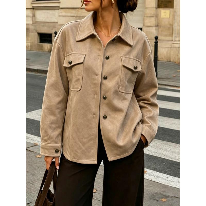 Women Loose Casual Faux Suede Lapel Button Pocket Autumn Winter Jacket