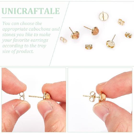 UNICRAFTALE 100pcs 18K Gold Plated Blanks Stud Earring 6mm Round Cabochon Earring Bezels Trays Post Stainless Steel Earring Studs Stud Findings with