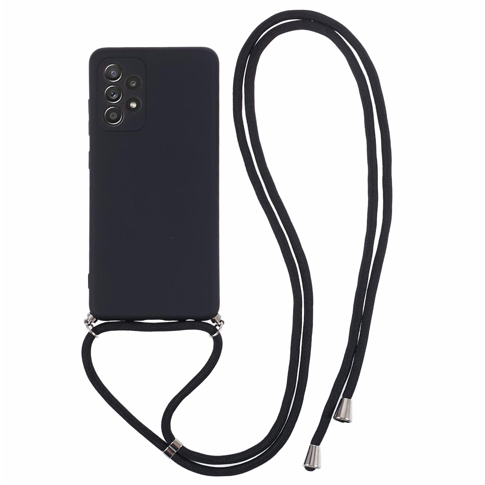 

For Samsung Galaxy A53 5G Rubberized Case Fiber Lining Phone Cover with Long Lanyard Black