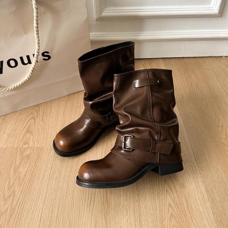 Winter Belt Buckle Women Pipe Ankle Cosy Soft Leather Ladies Concise Thick Heel Slim Short Booties De Mujer