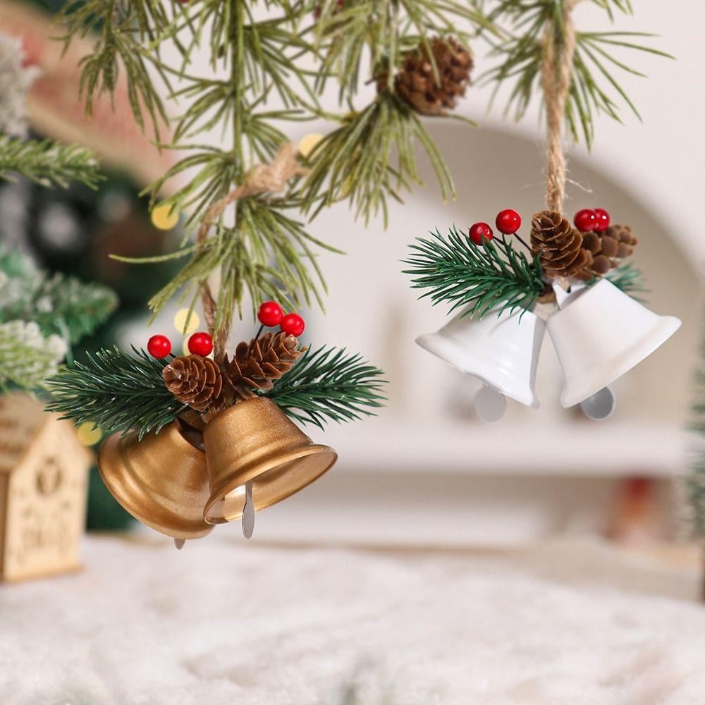 Iron Christmas Bell Pendant Double Horn Berry Leaves Christmas Tree Pendants Handcrafted Multi-color Xmas Tree Decorations