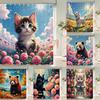 Floral Summer Shower Curtain Cat and Dog Animals Fabric Shower Curtains for Rustic Bathroom Decor Spring Plant Shower Curtain