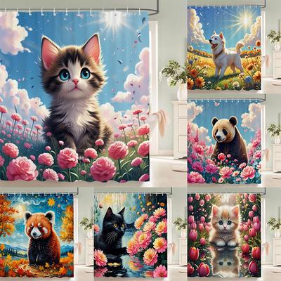 Floral Summer Shower Curtain Cat and Dog Animals Fabric Shower Curtains for Rustic Bathroom Decor Spring Plant Shower Curtain
