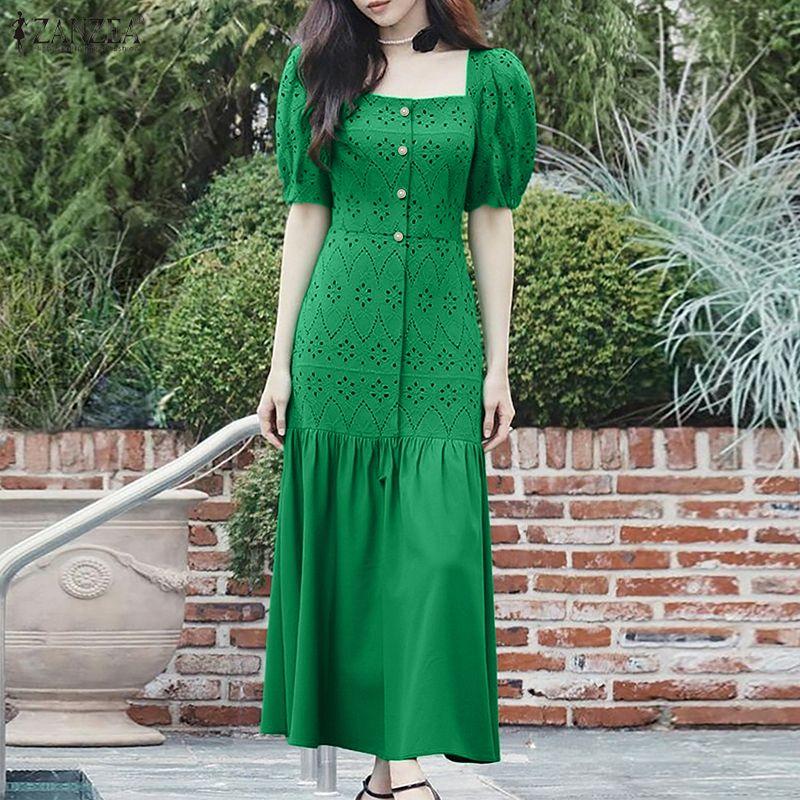 ZANZEA Women Square Collar Summer Casual Short Sleeve Crochet Dress
