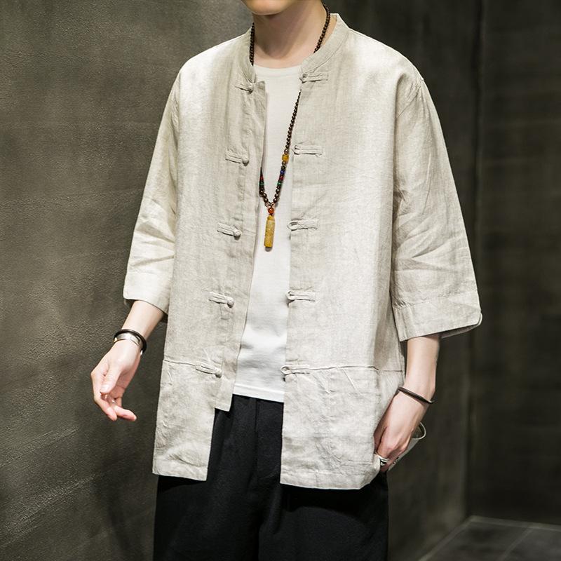 Men's Tang Suit Linen Shirt Jacket - Summer 5-Point Sleeve Button-Up