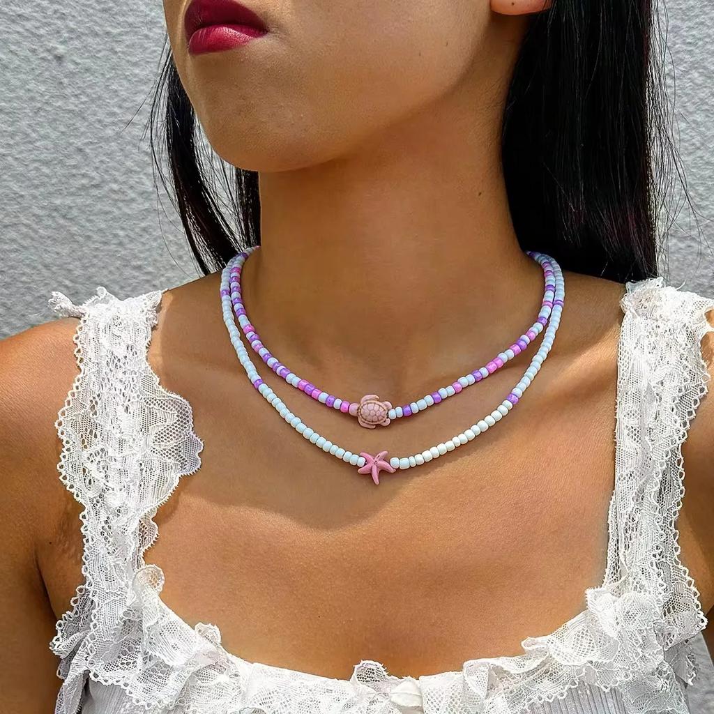 Bohemian Colorful Bead Necklace for Women Summer Handmade Starfish Tortoise Choker Chain Beach Jewelry Accessories Gifts