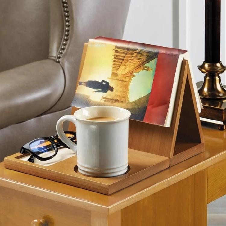 Geometric Wooden Book Stand with Beverage Holder Phone Slot Triangular Wood Desk Organiser for Kitchen Office Classroom