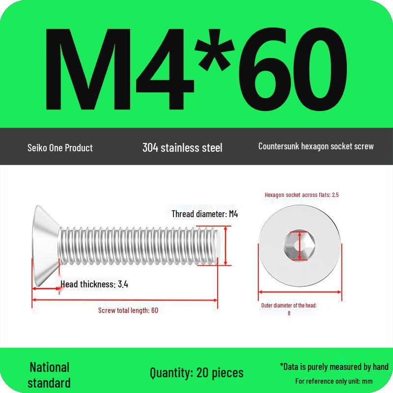 M2-M10 Stainless Steel Flat Head Machine Screws and Bolts Set, Countersunk Hex Socket Cap, 304 Grade.