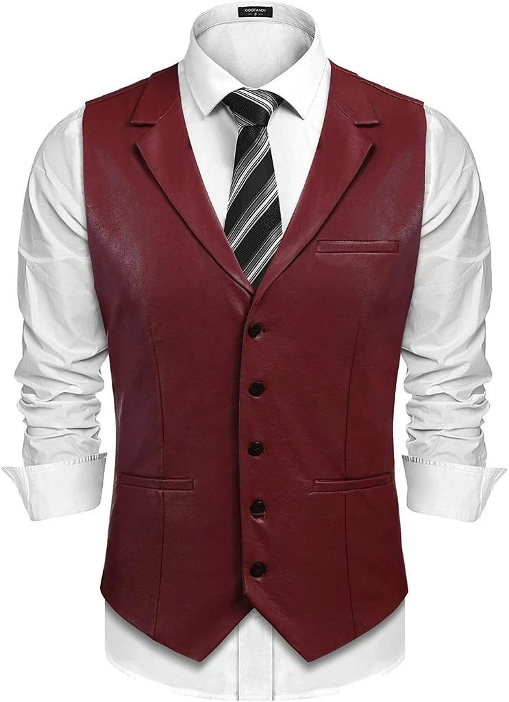 Classic Maroon Handmade Button Western Men's Vest Coat Lambskin Leather Formal Office Wear