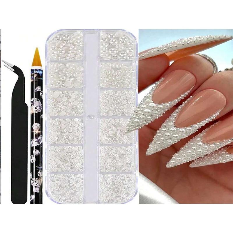 12Grid Shiny Silver Half Round Metal Caviar Bead Nail Rivets Charms Flatback Pearl Balls Nail Art Studs Y2K Decora