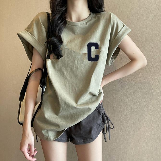 Women's Round Neck Flying Sleeve T-Shirt Loose Letter Printed Pullover Casual Korean Style Short Sleeve Top