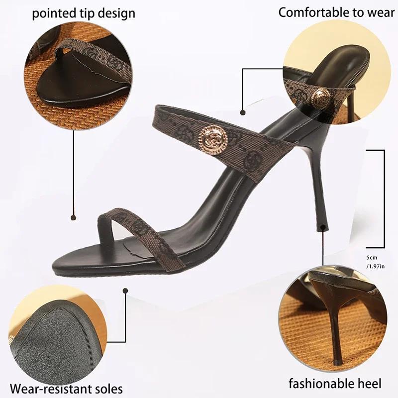Fashion High Heel Sexy Slippers Women Thin Heels Metal Decoration One-Length Strap Leaks Toes Heels Women Versatile New Summer Heels