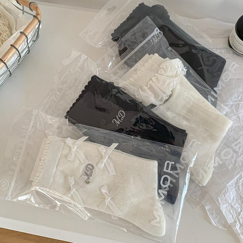 Female Sweet Embroidered Letter Bow Lace Boneless Medium Tube Pile Socks
