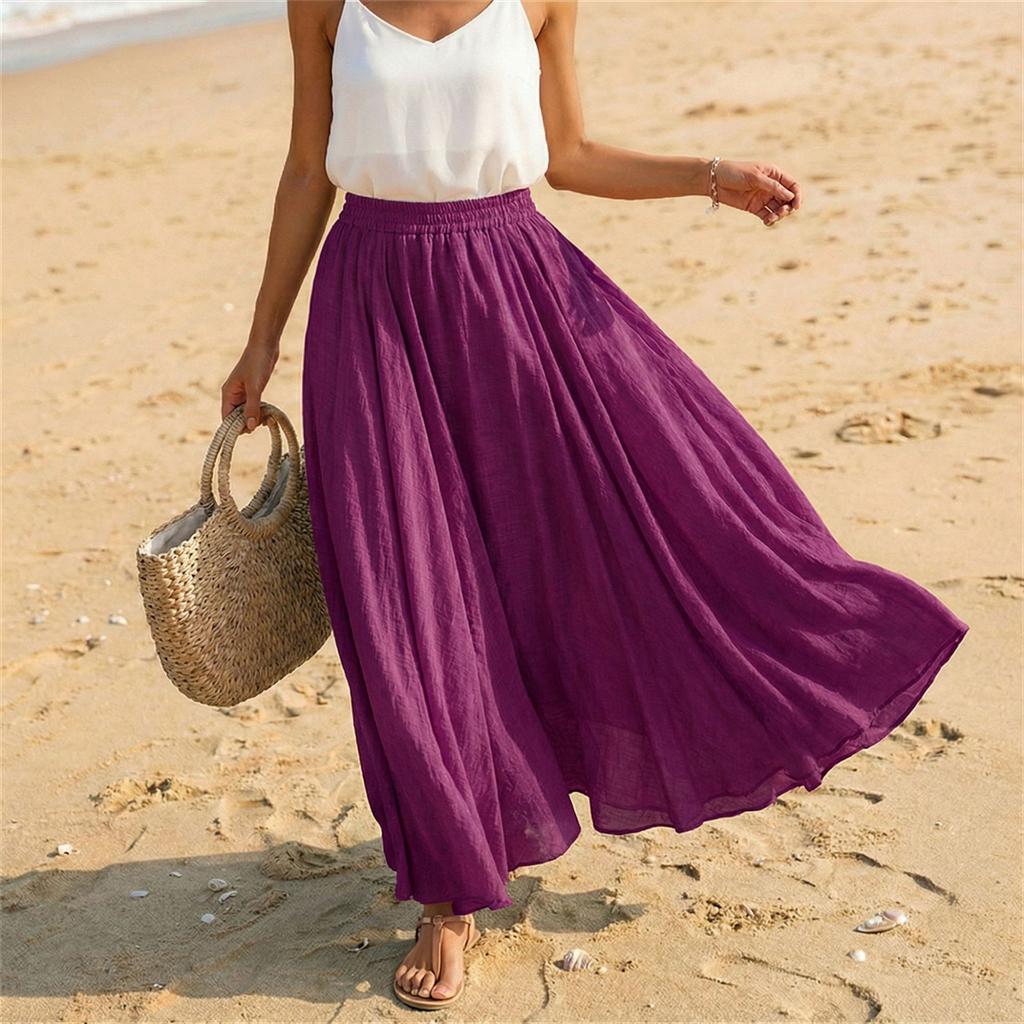 Women Casual Holiday Solid Cotton Linen Long Skirt A Line Beach Midi Skirt Elastic Waist Lightweight Flowing Design