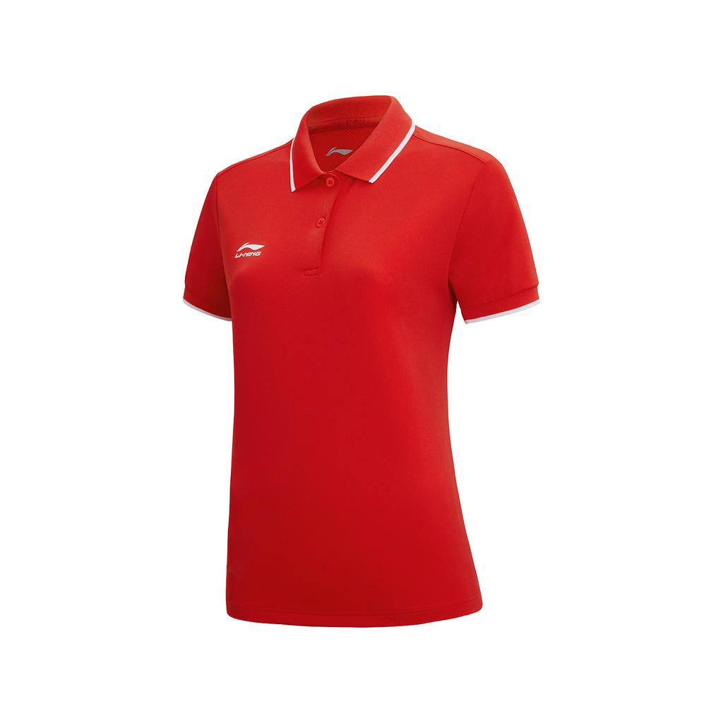 Li Ning Color Block Collar Logo Print Short Sleeve Polo Shirt Women Tops National-Flag-Red APLS094-2