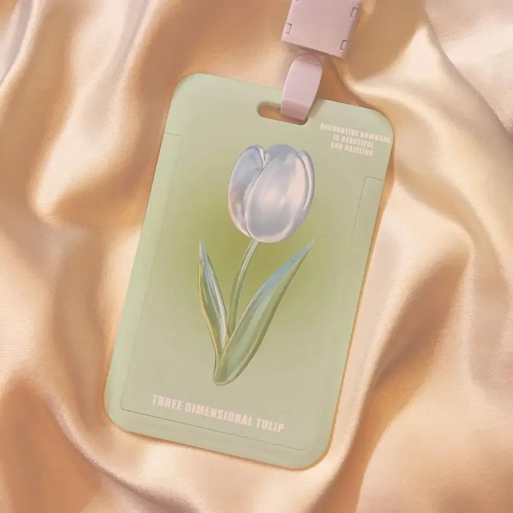 Ins Rose Tulip Flower ID Card Holder Kpop Star Photo Card Display Case Cute Student Subway Bus Card Protective Case with Lanyard
