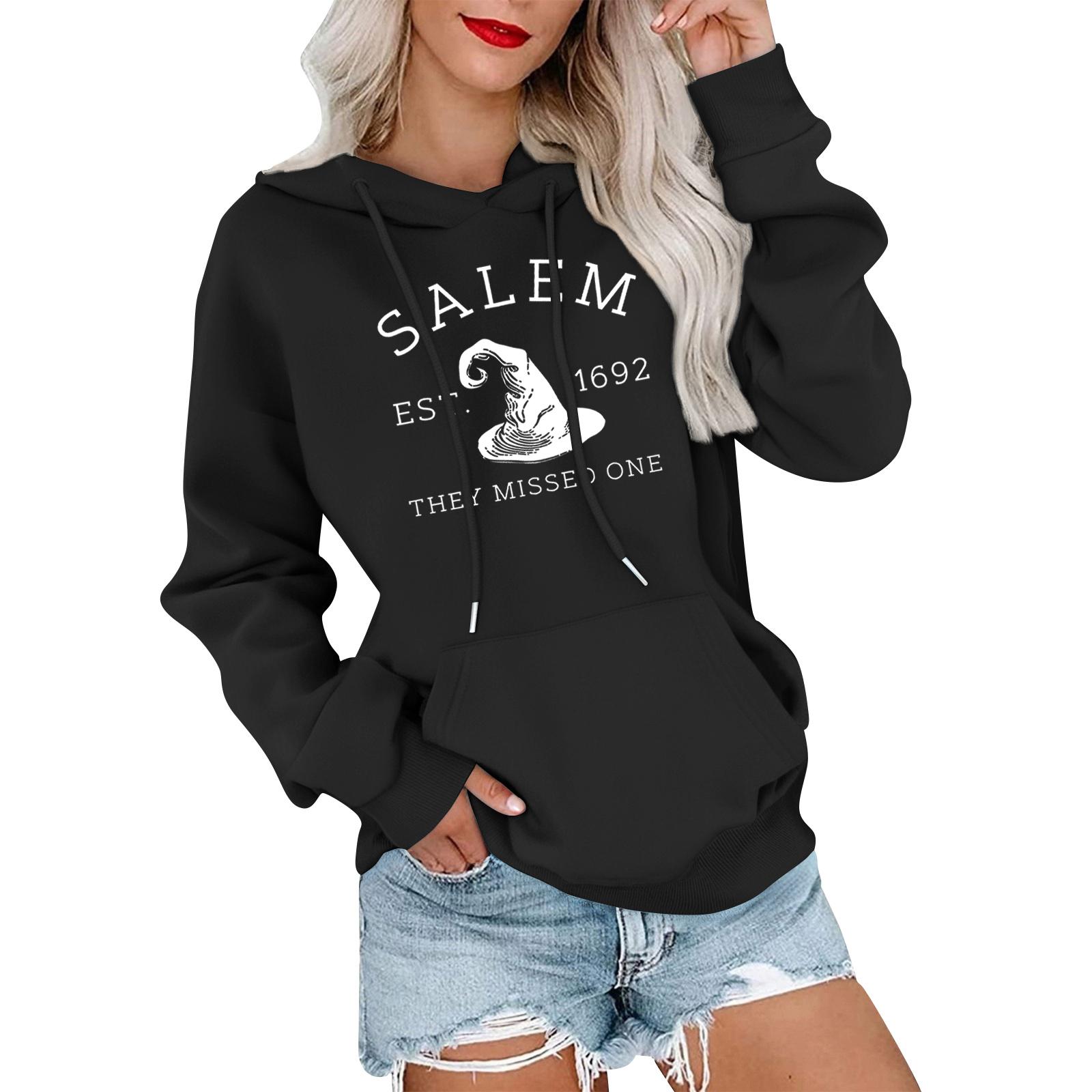 

Women s Fashionable, Casual, Comfortable Round-neck, Hooded, Long-sleeved, Witch-print Warm Sweater L