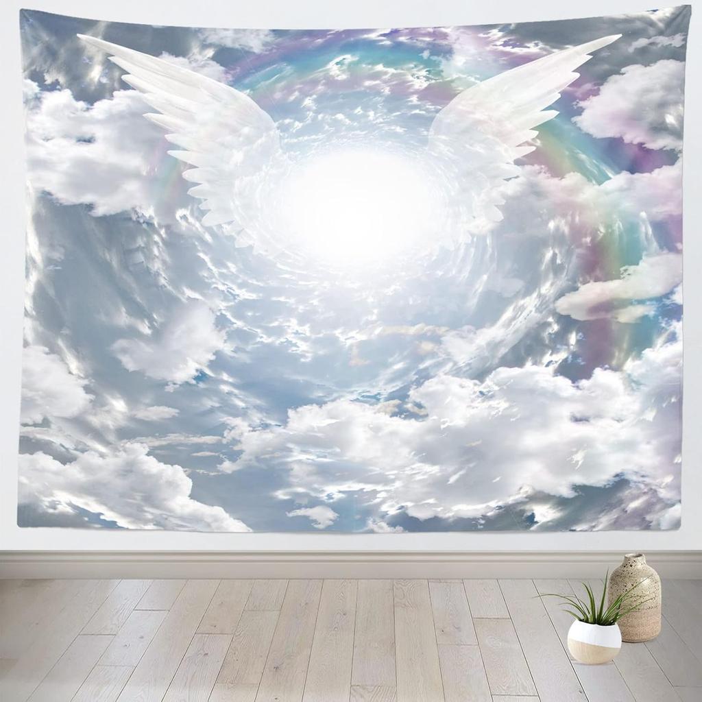 Fantasy Angel Wings Tapestry Clouds Light Tunnel Wing Tapestry Wall Hanging Rainbow White Wings Sunshine Wall Tapestry for Girls