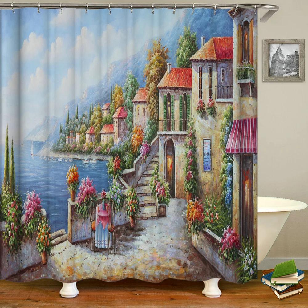 Town Street Scenery Shower Curtains Home Decor Polyester Fabric Bathroom Shower Curtains Oil Painting Waterproof Bath Curtains