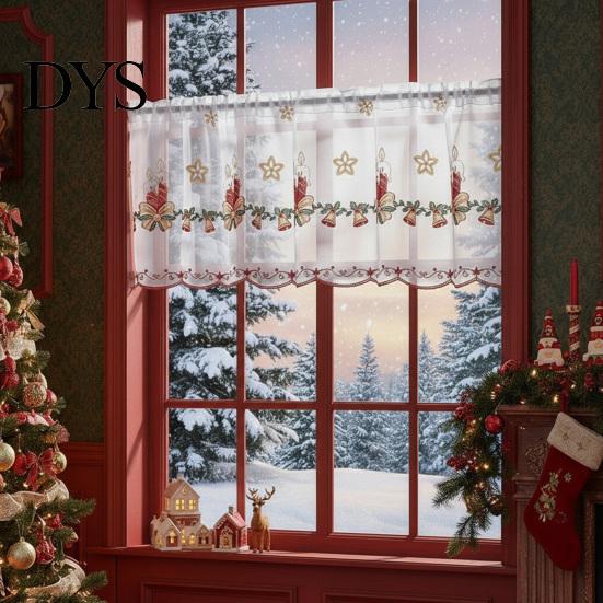Easy Installation Pole Bag Valances Christmas Embroidered Valance Curtain, Sheer Light Filtering Candles Bells Curtains for Kitchen Windows