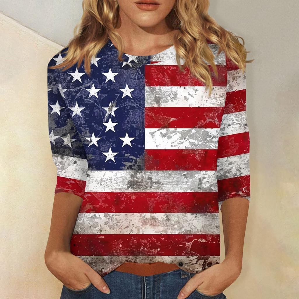 Women's Fashion Casual Three-quarter Sleeve Independence Day Printed Round Neck Top