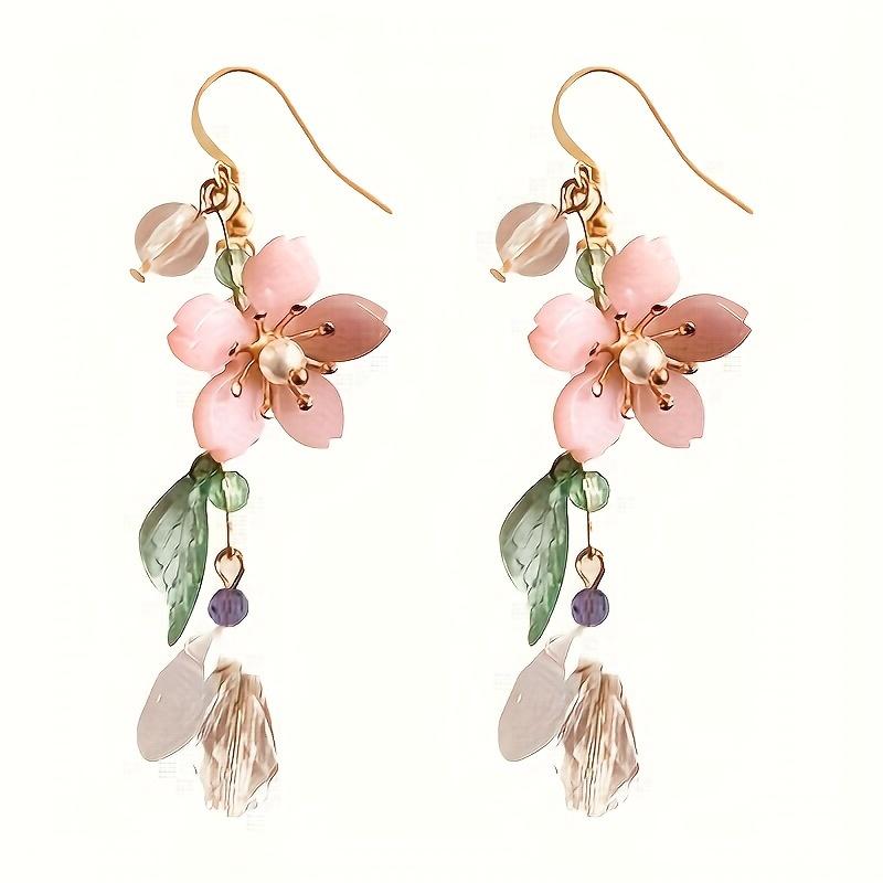 Floral Pink Cherry Blossom Dangle Earrings With Imitation Pearl Accents, Summer Classic Festive Ear Jewelry For Seaside Holidays
