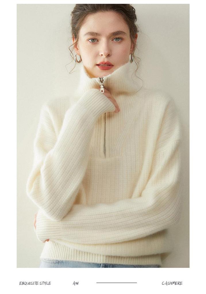 Women's Cashmere Stand Collar Zipper Sweater - Loose Fit Pullover & Cardigan
