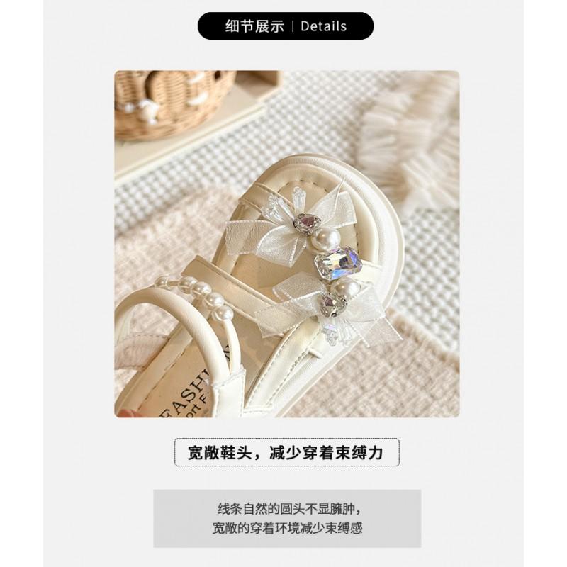 Girls Princess Sandals 2026 Rhinestone Pearl Decor Soft Sole Non-Slip Open Toe Shoes Ages 4-16